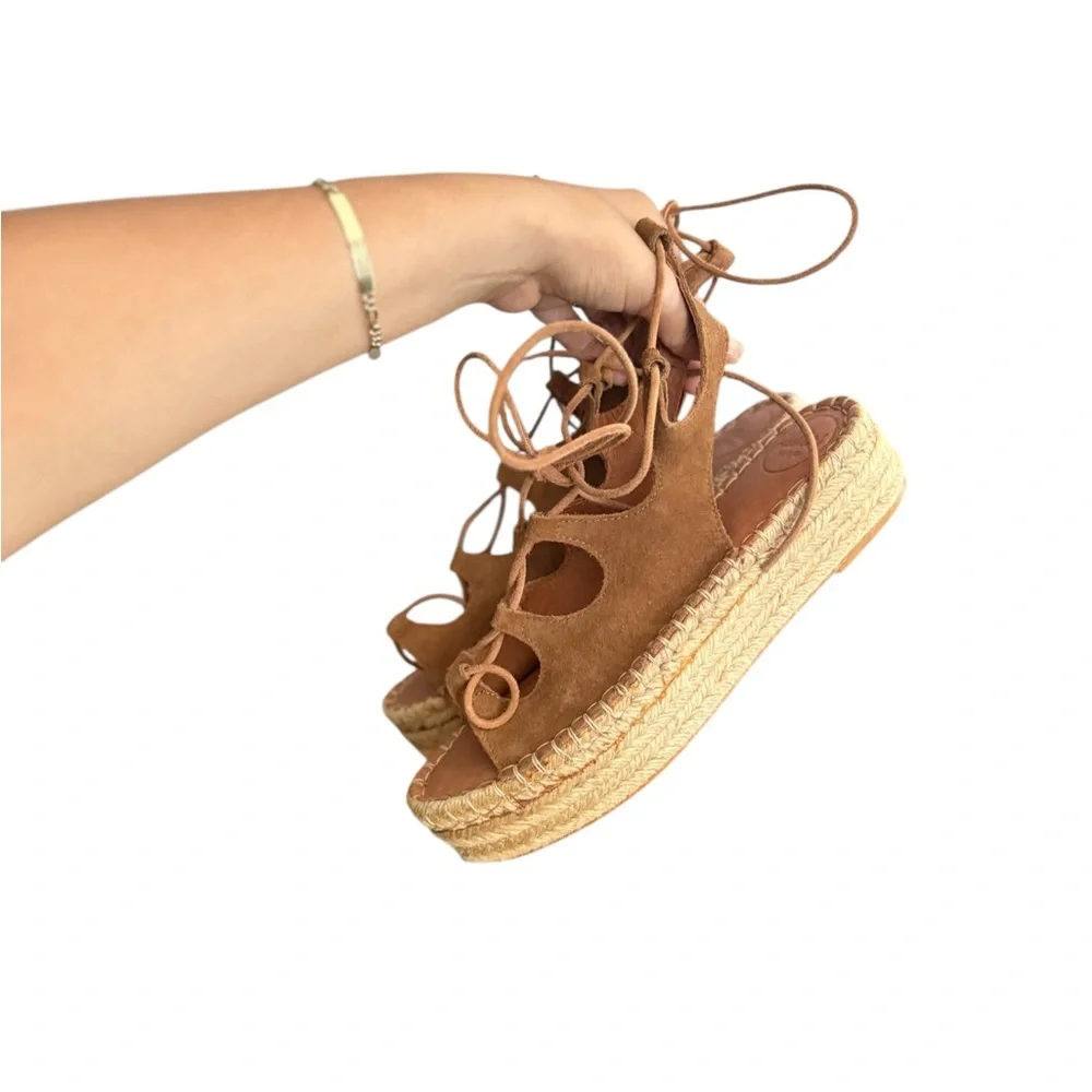 ALOHA’S Tan Camel Gladiator Leather Platform Lace-Up Wrap Espadrille Sandals